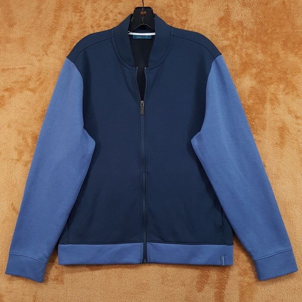 PERRY ELLIS Track Jacket Mens Medium Blue Colorblock Zip Up Tech Knit Sweatshirt